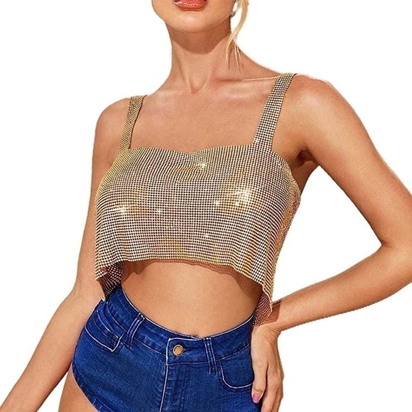 Crystal Crop Top Gold Sparkly Sequin Halter Top Rhinestone Backless Sleeveless - Picture 3 of 3